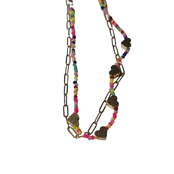 BP Beaded Paperclip Chain Necklace Double Layer Gold Tone Hearts - Picture 2 of 3